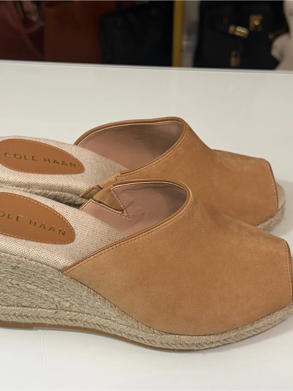 Cole Haan Cloudfeel Southcrest Espadrille Wedge Mule in tan suede sz7